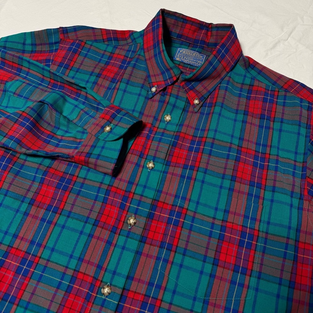 Vintage Pendleton Mens Large Virgin Wool Plaid Flannel Shirt USA Made Red Blue